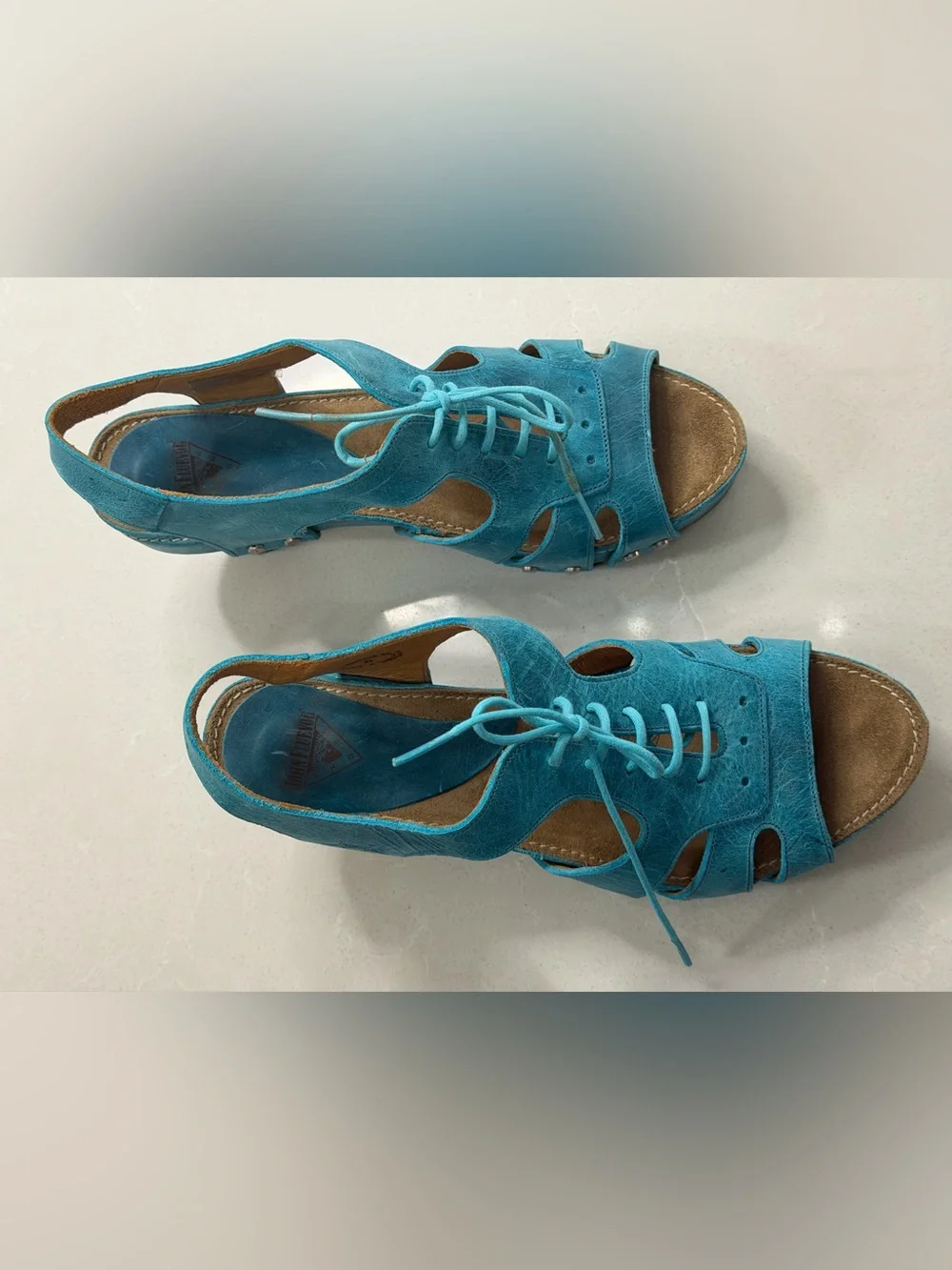 John Fluevog Joni Teal Blue Leather Wood Platform Lace Up Low Rule Sandals, 8